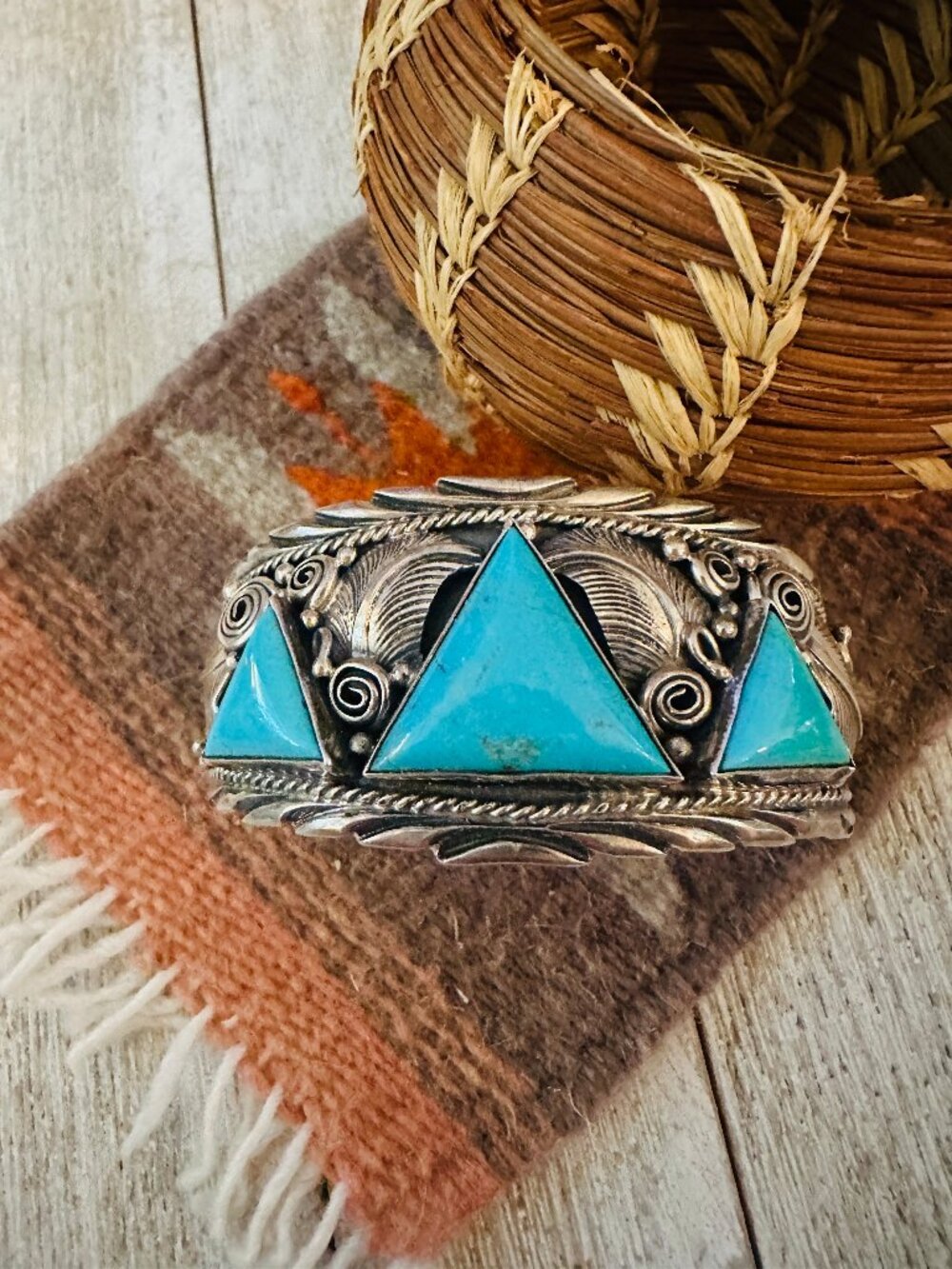 Handcrafted Old Pawn Turquoise & Sterling Silver Cuff Bracelet by Darrell Morgan